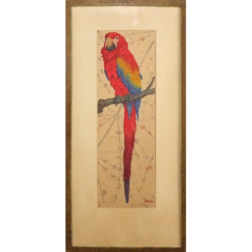 1362 - Martin Erich Philipp - Red parrot, pencil signed wood block in colour, label verso, mounted and fram... 