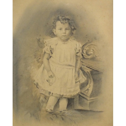 1320 - Full length portrait of a young girl, Victorian black and white chalk, mounted and framed, 47cm x 36... 