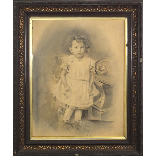 1320 - Full length portrait of a young girl, Victorian black and white chalk, mounted and framed, 47cm x 36... 