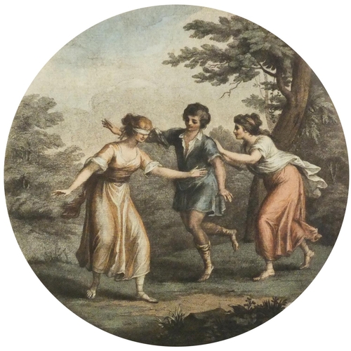 1366 - After Angelica Kauffman - Blind Mans Buff, late 18th century engraving in colour, framed, 22cm x 19.... 