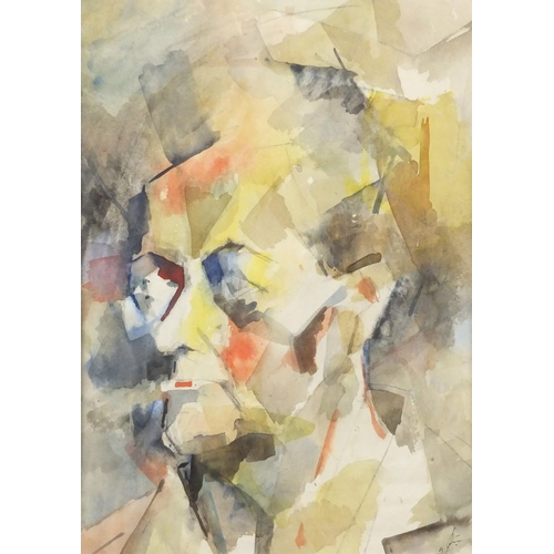 1331 - Abstract composition, cubist head portrait, watercolour on paper, bearing an indistinct signature, m... 