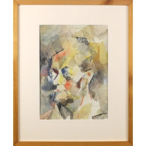 1331 - Abstract composition, cubist head portrait, watercolour on paper, bearing an indistinct signature, m... 