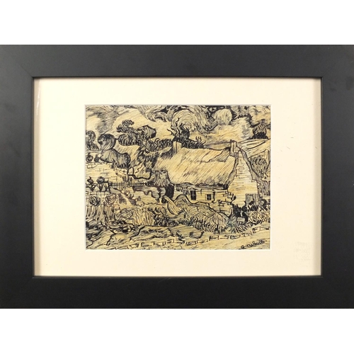 1301 - Charles Cobelle - French impressionist landscape, pen and ink, mounted and framed, 18.5cm x 14.5cm