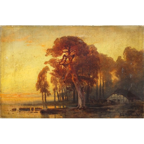 1327 - After Otto Werner Henning Von Kameke - Riverside building with trees and sunset, 19th century oil on... 