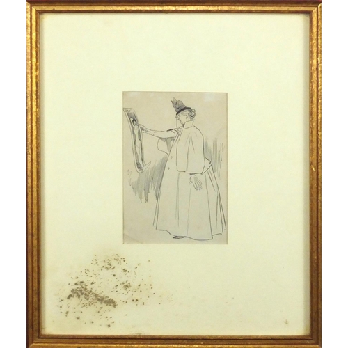 1318 - Phil May RI - Portrait of a female wearing a wide dress, ink sketch, inscribed Abbott & Holder label... 