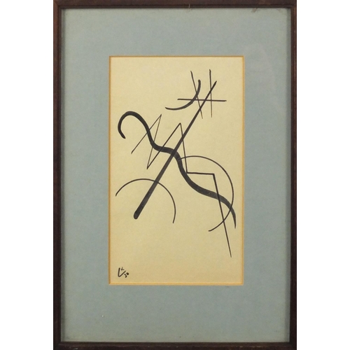 1346 - Abstract composition, lines, ink and watercolour, bearing a monogram CK, mounted and framed, 22cm x ... 