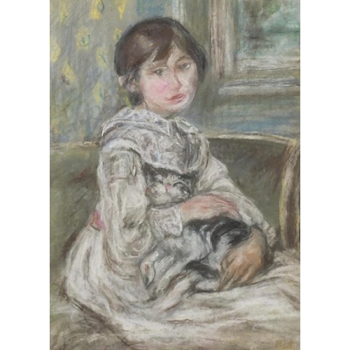 1342 - Portrait of a girl with her cat, pastel on paper, bearing a monogram BM, mounted unframed, 30cm x 21... 