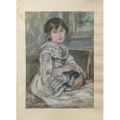 1342 - Portrait of a girl with her cat, pastel on paper, bearing a monogram BM, mounted unframed, 30cm x 21... 