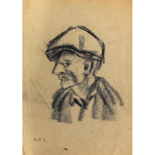 1351 - After Laurence Stephen Lowry - Portrait of a man wearing a hat, charcoal on paper, bearing a monogra... 