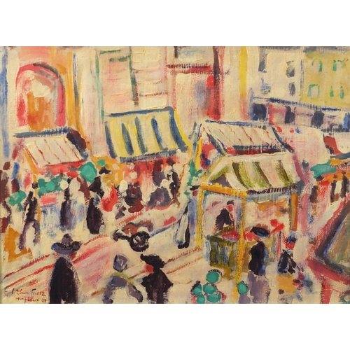 1334 - Honfleur Street market, continental post impressionist oil on canvas, bearing a signature Othon Frie... 