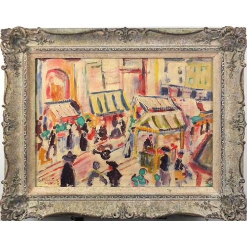 1334 - Honfleur Street market, continental post impressionist oil on canvas, bearing a signature Othon Frie... 