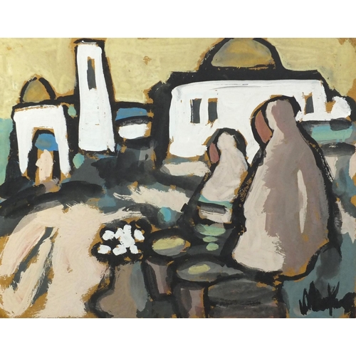 1294 - Figures on a bench, gouache on card, bearing an indistinct signature, unframed, 39.5cm x 31.5cm