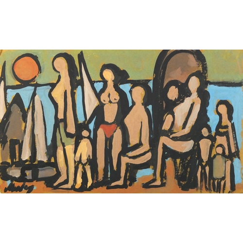 1293 - Middle Eastern village scene, gouache on card, bearing an indistinct signature, unframed, 51.5cm x 3... 