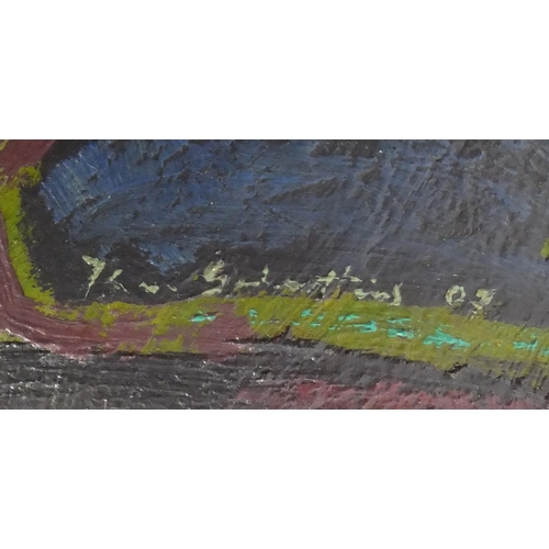 1302 - Abstract composition, oil on wood panel, bearing an indistinct signature and inscription verso, unfr... 