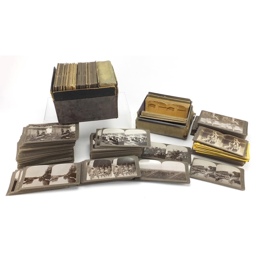 184 - Stereo view cards including World War I and Italy examples, some titled troops and supplies being ru... 