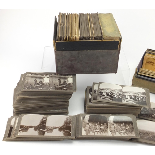 184 - Stereo view cards including World War I and Italy examples, some titled troops and supplies being ru... 