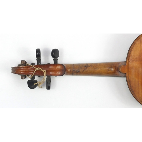 131 - Old wooden violin with scrolled neck, bow and fitted carrying case, the violin back 15 inches in len... 