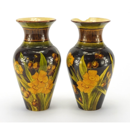 809 - Pair of aesthetic Ault style vases in the manner of Christopher Dresser, hand painted with stylised ... 