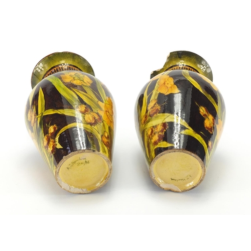 809 - Pair of aesthetic Ault style vases in the manner of Christopher Dresser, hand painted with stylised ... 