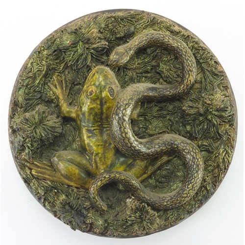 732 - Portuguese Palissy Majolica plate, decorated in with a frog and snake, impressed marks to the revers... 