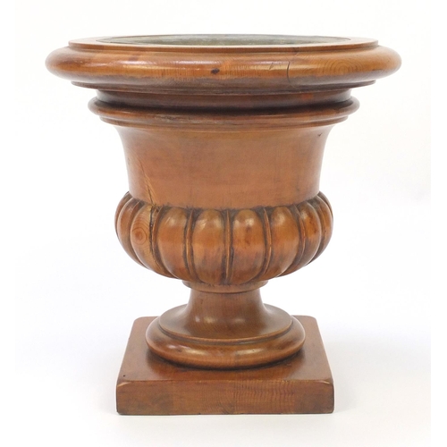 69 - Victorian carved oak Campana urn planter with liner, 44.5cm high x 44cm in diameter