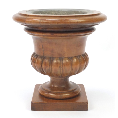 69 - Victorian carved oak Campana urn planter with liner, 44.5cm high x 44cm in diameter