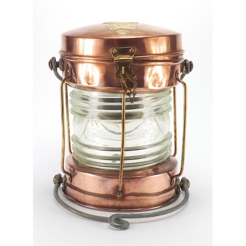 82 - Copper and brass ships Seahorse Anchor lantern by Simpson Lawrence, with brass plaques, one numbered... 