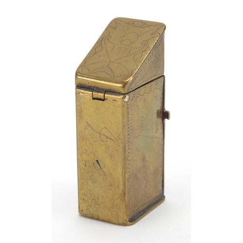 18 - 19th century brass vesta modelled as a gentleman in an outhouse, 5cm high