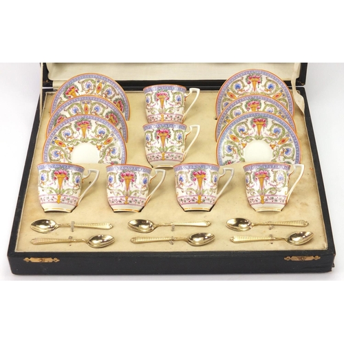 814 - Set of six Royal Worcester cups and saucers, hand painted with flowers and foliate scrolls with set ... 