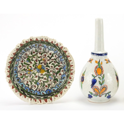 599 - Turkish Kütahya pottery, hand painted with stylised flowers comprising rose water vase, Hooka Base a... 