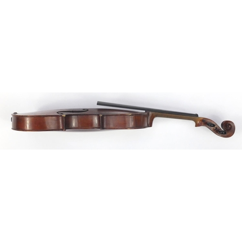 132 - Old wooden violin with scrolled neck, bearing a De Giovanni Paolo Grancinero label, with bow and pro... 