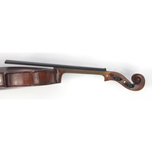 132 - Old wooden violin with scrolled neck, bearing a De Giovanni Paolo Grancinero label, with bow and pro... 