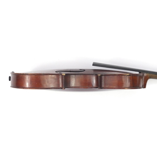 132 - Old wooden violin with scrolled neck, bearing a De Giovanni Paolo Grancinero label, with bow and pro... 