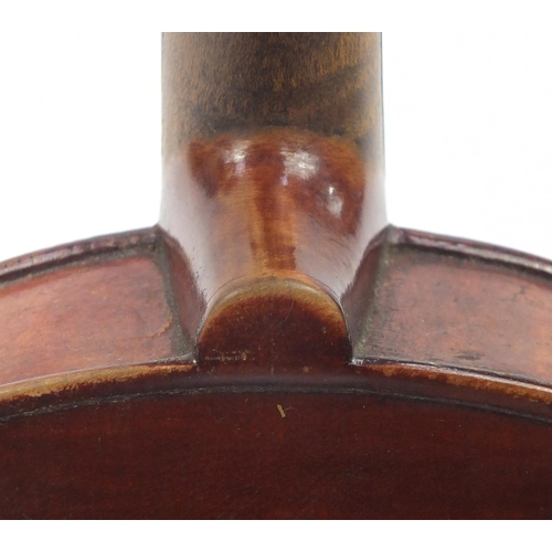 132 - Old wooden violin with scrolled neck, bearing a De Giovanni Paolo Grancinero label, with bow and pro... 