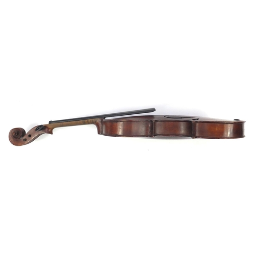 132 - Old wooden violin with scrolled neck, bearing a De Giovanni Paolo Grancinero label, with bow and pro... 