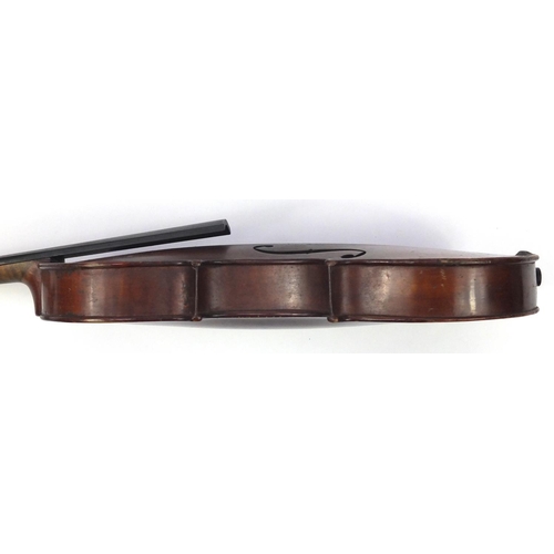 132 - Old wooden violin with scrolled neck, bearing a De Giovanni Paolo Grancinero label, with bow and pro... 