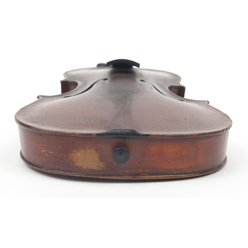 132 - Old wooden violin with scrolled neck, bearing a De Giovanni Paolo Grancinero label, with bow and pro... 