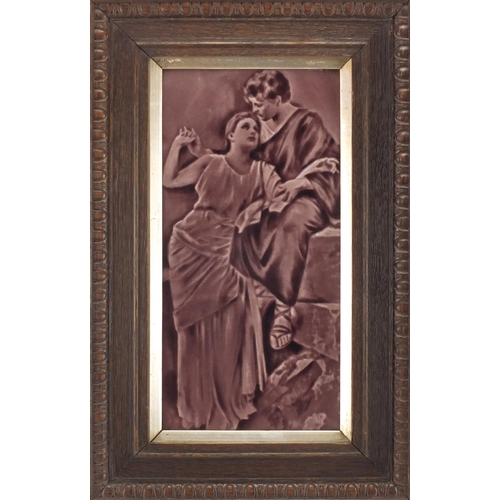 813 - Rectangular purple glazed tile panel depicting with two lovers, mounted and framed, 29cm x 14cm