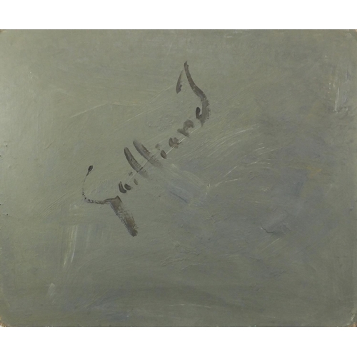 1353 - Surreal abstract composition, oil on board, bearing a signature possibly Goilliard and inscription v... 