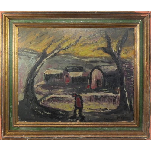 1307 - Winter night scene with figure walking, oil on canvas board, bearing a signature possibly Tholae Maj... 