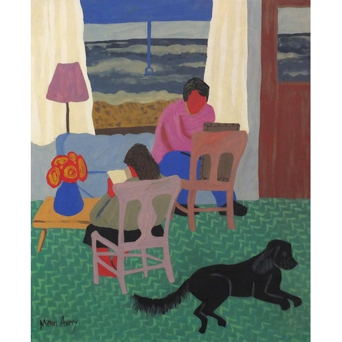 1321 - Manner of Milton Avery - Two figures in an interior, gouache on card, mounted and framed, 39cm x 32c... 