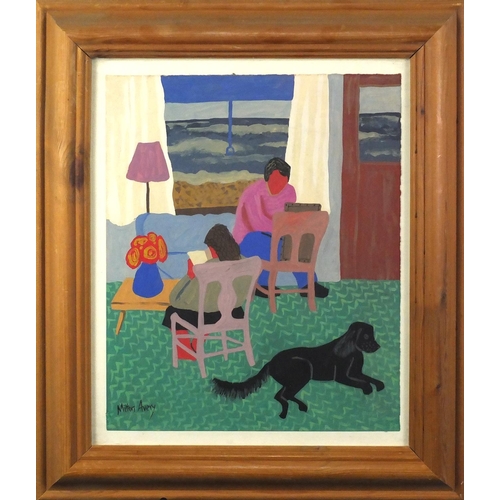 1321 - Manner of Milton Avery - Two figures in an interior, gouache on card, mounted and framed, 39cm x 32c... 