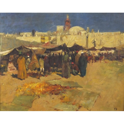 1355 - Busy African market, oil, bearing a monogram FB, mounted and framed, 49cm x 39cm