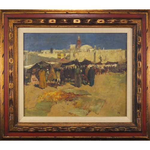 1355 - Busy African market, oil, bearing a monogram FB, mounted and framed, 49cm x 39cm