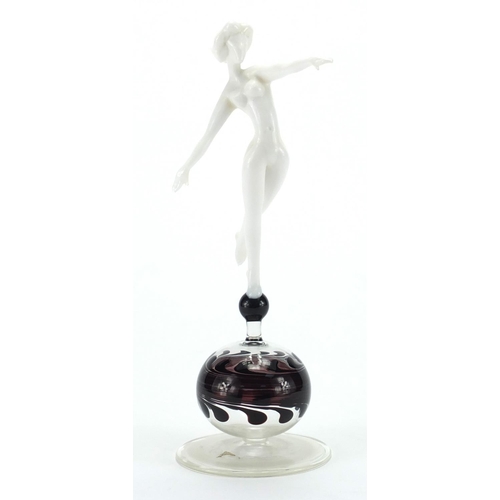 785 - Istvan Komaromy glass figurine of a nude dancer balanced upon a spherical base, 18.5cm high