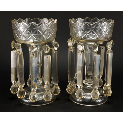 766 - Pair of Victorian clear cut glass lustres with drops, each 32cm high