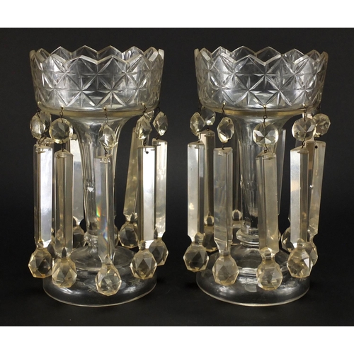 766 - Pair of Victorian clear cut glass lustres with drops, each 32cm high