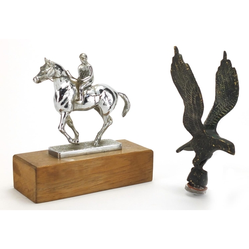 137 - Two vintage car mascots including a chrome jockey on horseback example, the largest 17cm high