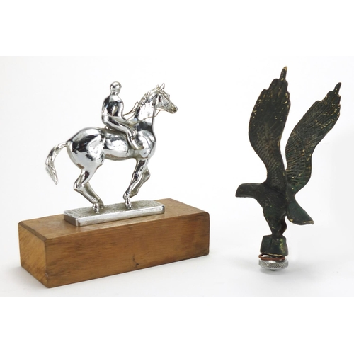 137 - Two vintage car mascots including a chrome jockey on horseback example, the largest 17cm high