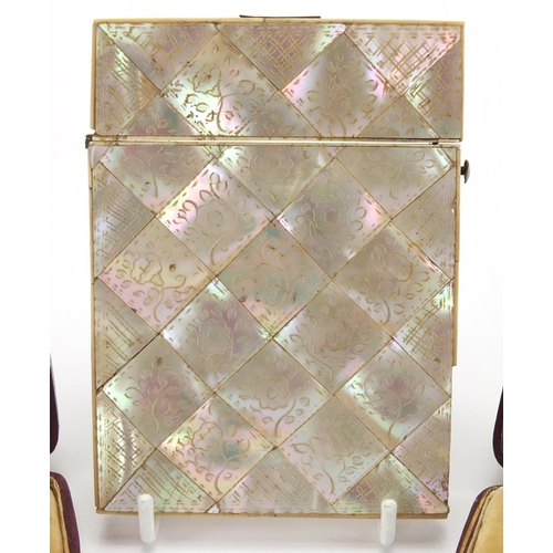 27 - Rectangular Victorian Mother of Pearl and Abalone calling card case, together with two sets of six b... 